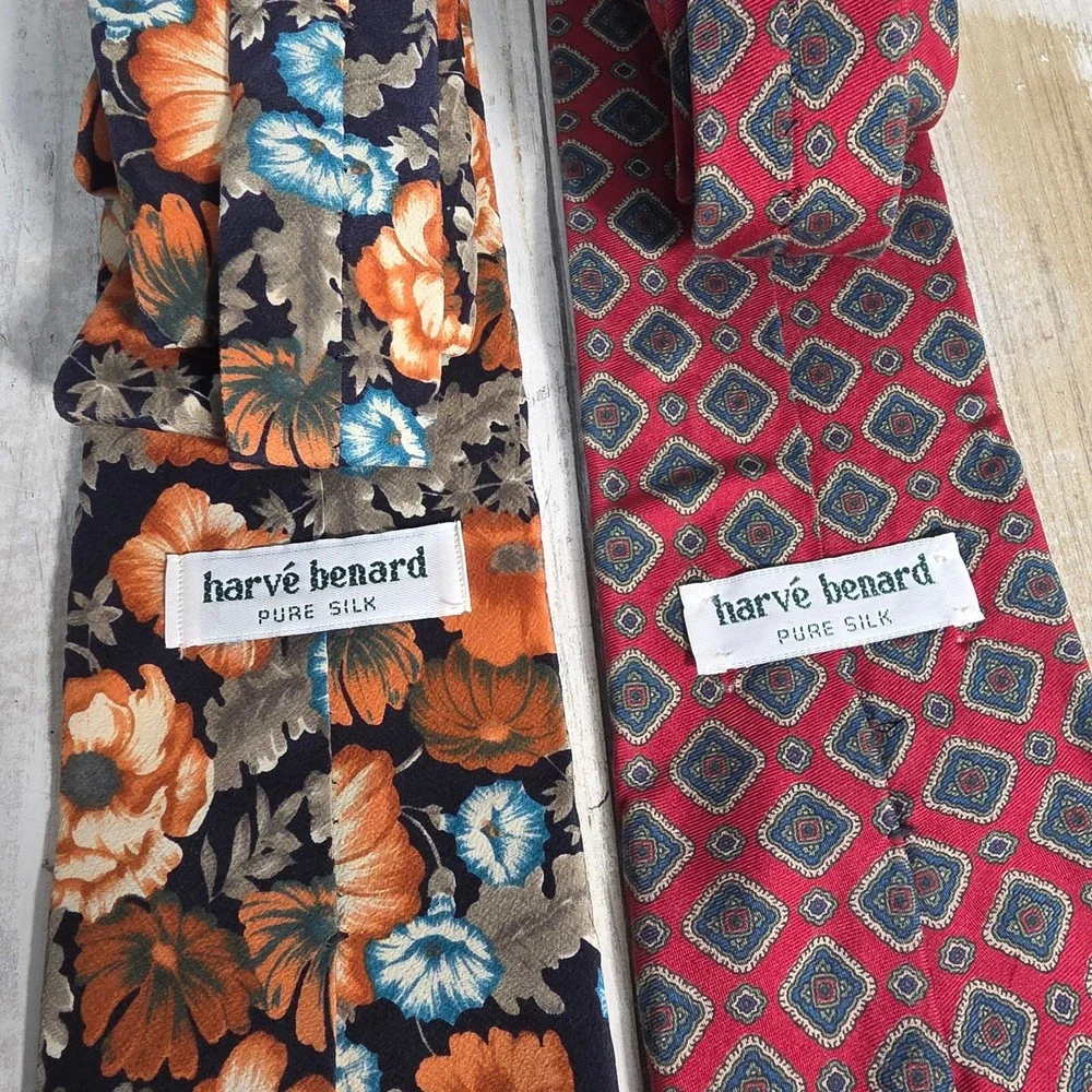 Harve Benard Men Silk Necktie Lot 2 Floral Orange Blue Red Geometric Diamond Tie